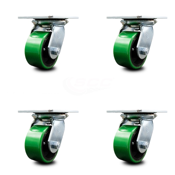 4 Inch Heavy Duty Green Poly on Cast Iron Caster Set with Ball Bearings, 4PK